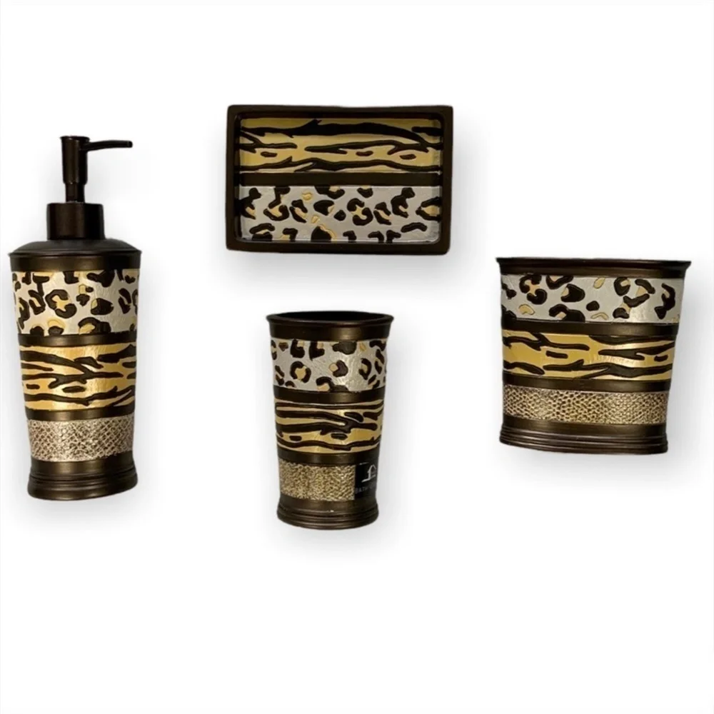 Animal Print Exotic Bathroom Accessory 4 Piece Set Brown Tan Multicolor Gazelle